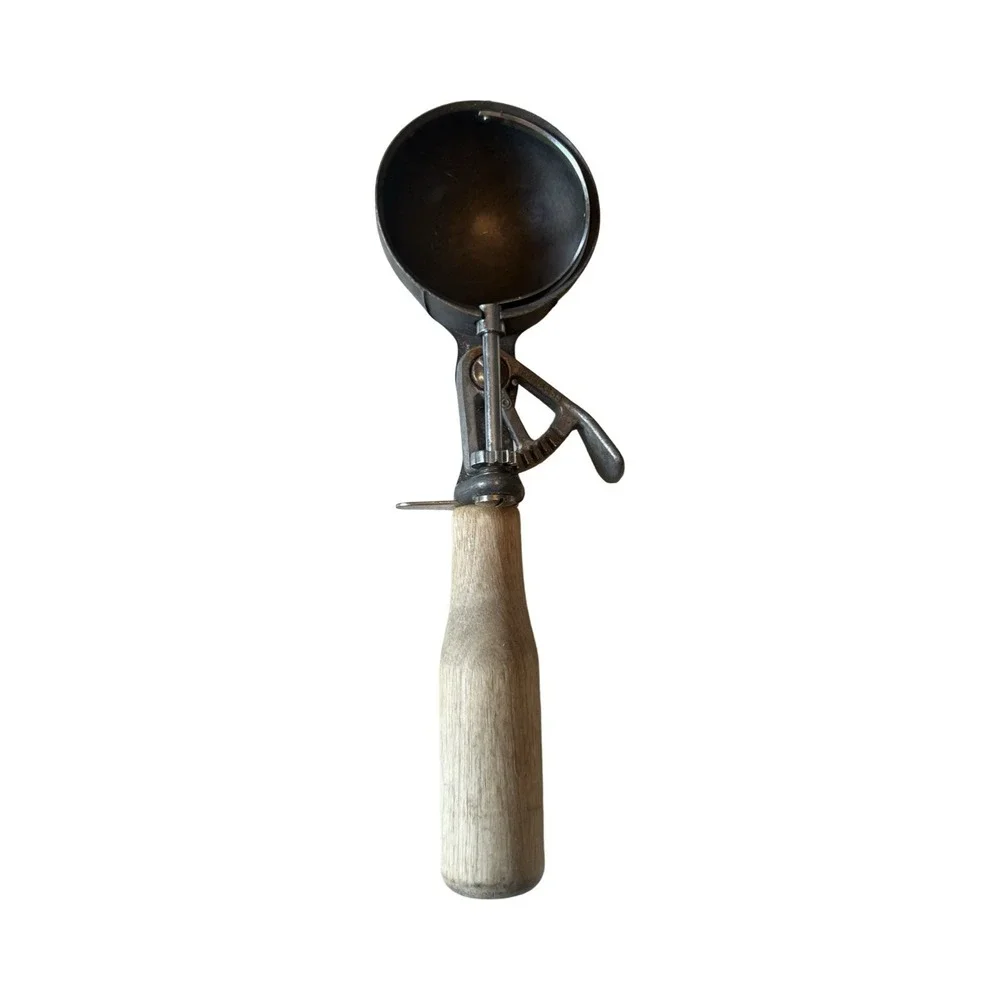 Peerless Antique Ice Cream Scoop Wood Handle Mechanical Thumb Lever Metal Dipper